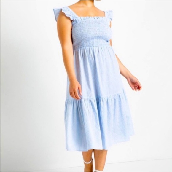 Eloquii Smocked Bodice Ruffle Day Dress Blue Size 14/16 - Picture 1 of 8